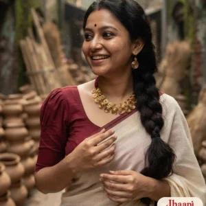 Laughing woman in a cream tant saree with a maroon blouse in a Kumartuli lane wearing the brass spiral hasuli necklace on a maroon cord and round spiral earrings