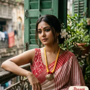 Woman in a garad saree on a balcony wearing the Jhaapi dhol dokra necklace