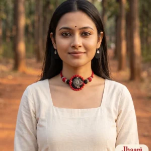 Woman in a cream handloom dress on a red-soil path in Santiniketan wearing the maroon Chhapa fabric choker with a black printed disc, red pom-pom edge and silver flower