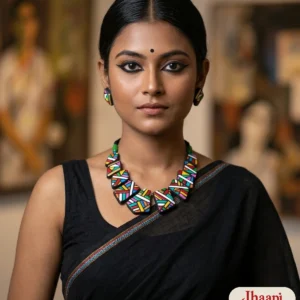 Woman in a black handloom saree in an art gallery wearing the Jhaapi hasuli terracotta necklace and matching diamond stud earrings
