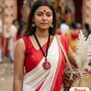 Woman in a red-bordered white saree at a Durga Puja pandal wearing the grey Maa Mukh terracotta necklace on black threads with white daisy terracotta earrings