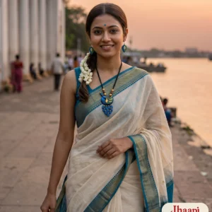 Smiling woman in a cream saree with a blue border at Prinsep Ghat at sunset wearing the blue peacock terracotta necklace and blue-green leaf earrings