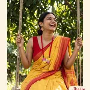 Smiling woman in a yellow saree on a swing wearing the red Projapoti terracotta butterfly necklace on red threads with matching pink-red and yellow earrings