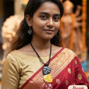 Woman in a red Banarasi saree in a rajbari courtyard wearing the multicolour Trinayani Durga terracotta necklace with black, yellow and maroon face tiles and black face earrings