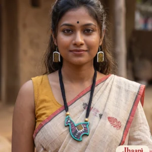 Woman in a white handloom saree with a mustard blouse wearing the Jhaapi ghora terracotta necklace and yellow-dotted earrings
