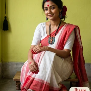 Woman in a red-and-white laal-paar saree seated on a wooden piri beside alta footprints, wearing the Jhaapi Alta-Pa terracotta necklace and leaf-vine earrings