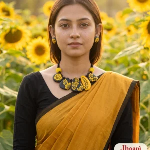 Woman in a mustard-yellow saree in a sunflower garden wearing the Jhaapi Golap terracotta hasuli-style necklace and yellow rose stud earrings