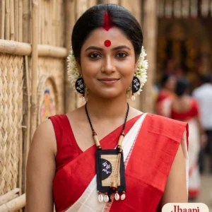 Woman in a red-bordered white saree beside a bamboo and madur pandal wall, wearing the Jhaapi Madur Maa Durga necklace and half-moon মা দুর্গা earrings