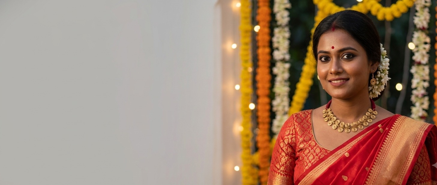 Wedding guest in a red Banarasi saree wearing the Jhaapi Hasuli brass spiral collar necklace