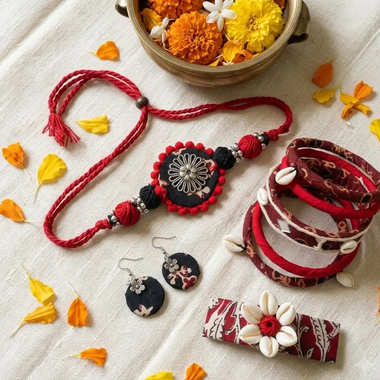 Jhaapi gift set flat lay: fabric necklace, bangles and earrings with marigolds