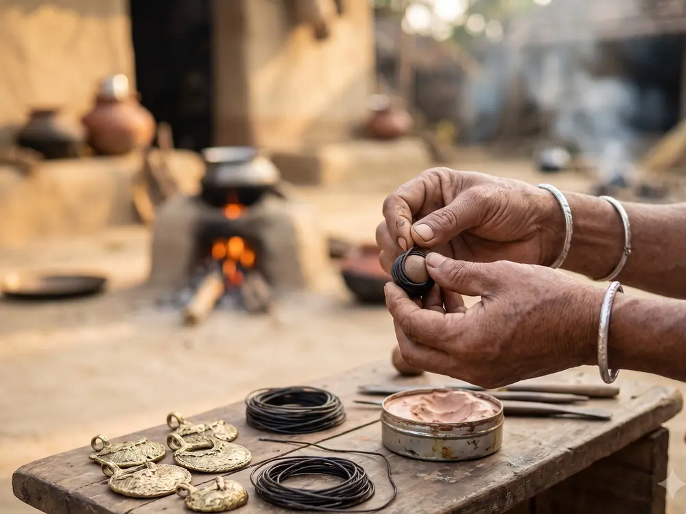 Hands shaping a dokra wax model in the Bankura tradition