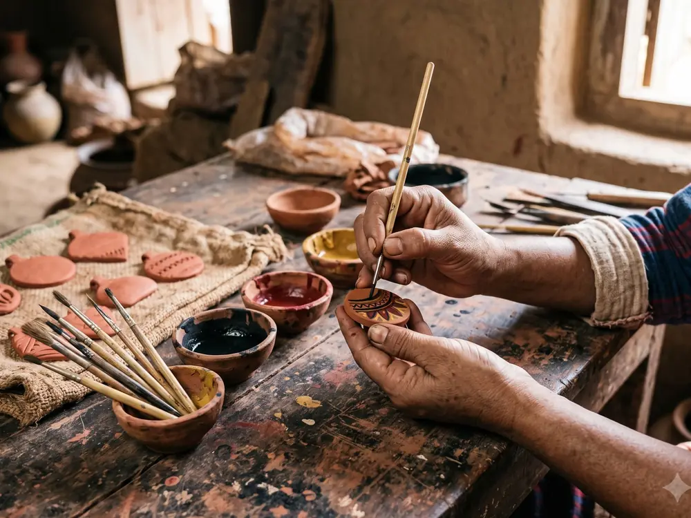 Hands painting terracotta jewellery in the Bishnupur tradition