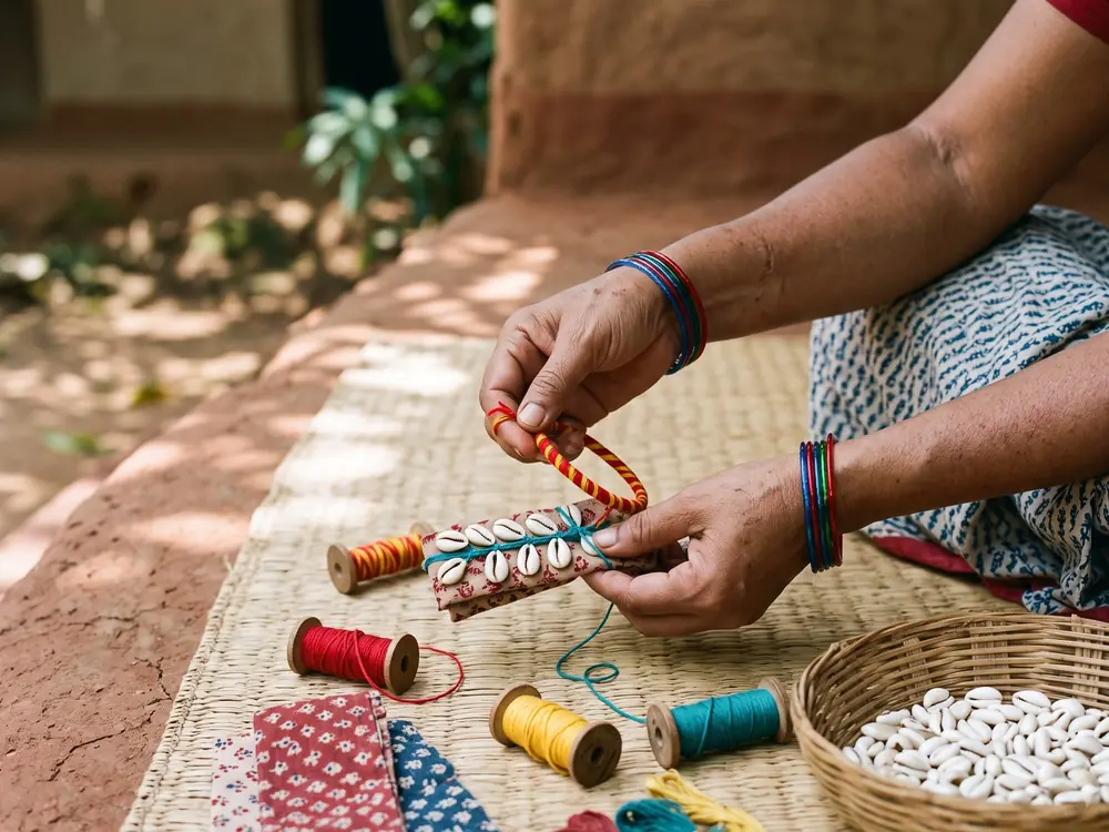 Hands making thread and cowrie jewellery, Santiniketan style