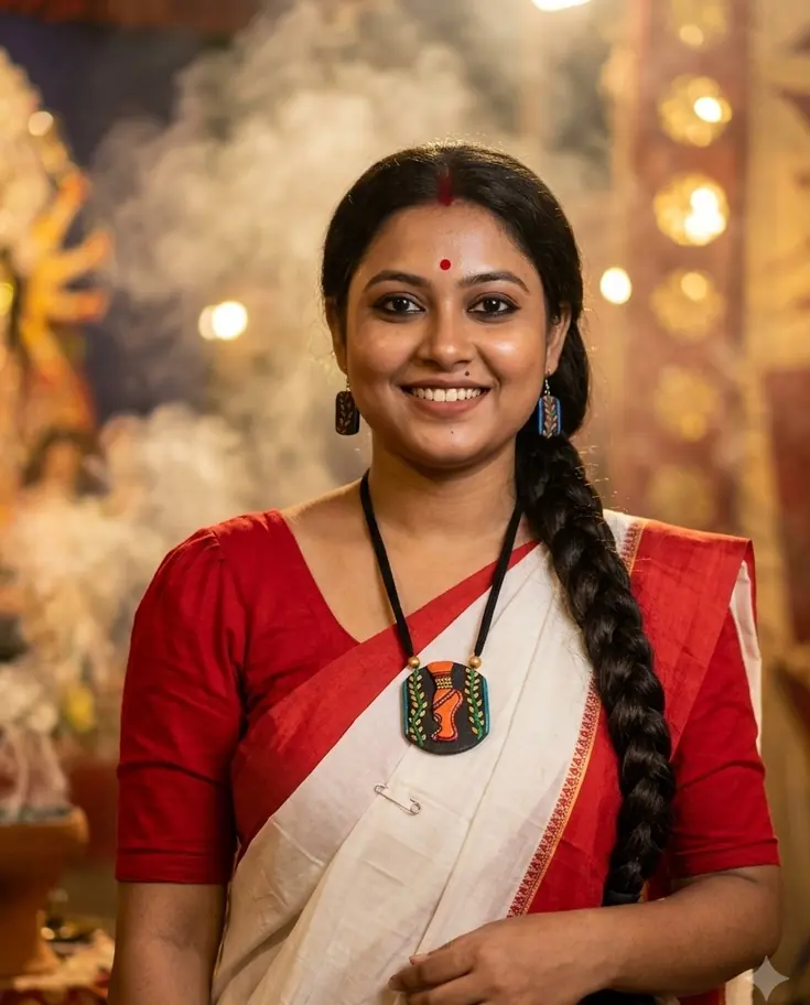 Pujo look with a hand-painted terracotta necklace set