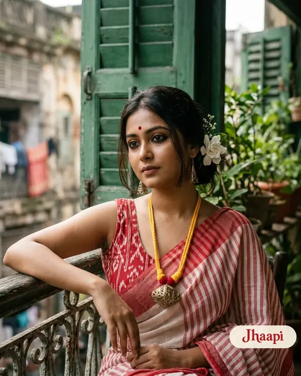 Model wearing a handmade dokra necklace on a North Kolkata balcony